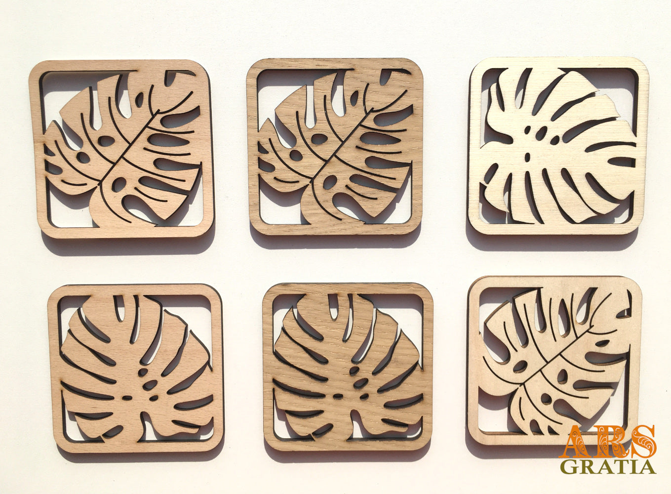 Hojas de monstera de madera natural: chopo, haya, roble