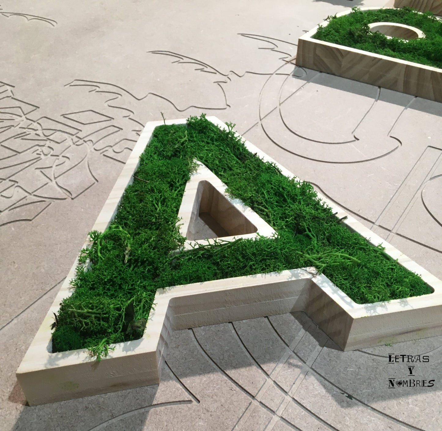 Letras Iniciales de Madera con musgo verde