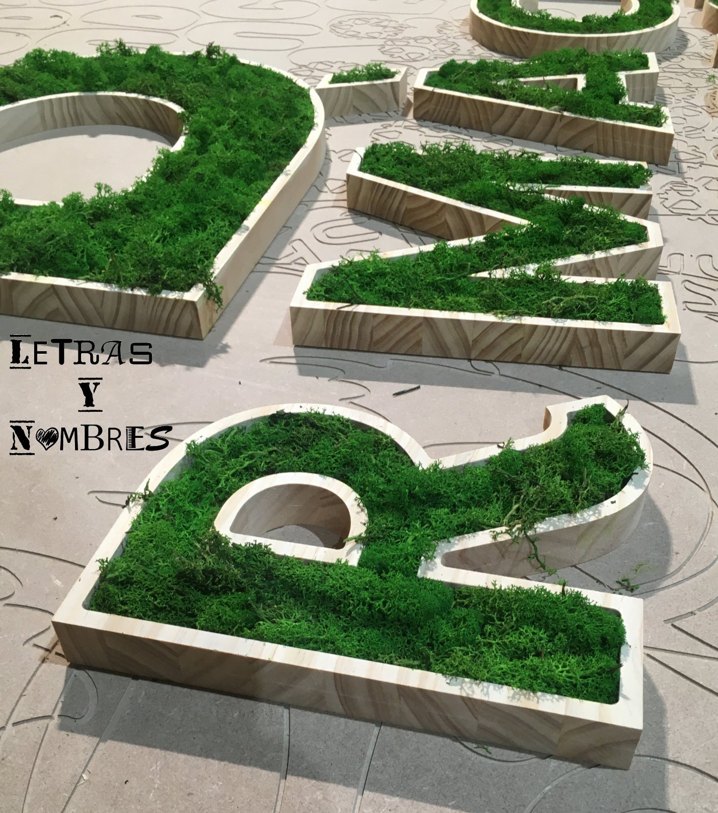 Letras Iniciales de Madera con musgo verde