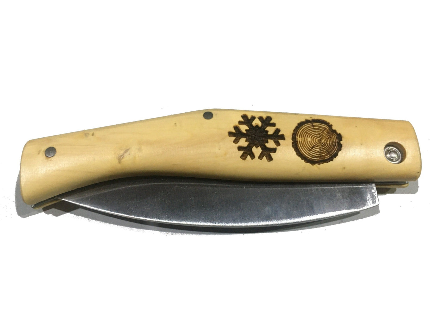 Logo personalizado en navaja, mango de madera